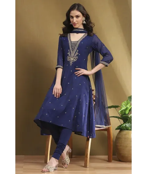 Navy Blue Embroidered Festive Kalidar Suit Set Navy Blue Embroidered Festive Kalidar Suit Set