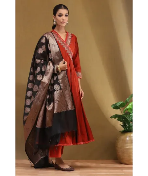 Rust Embroidered Angrakha Festive Anarkali Suit Set