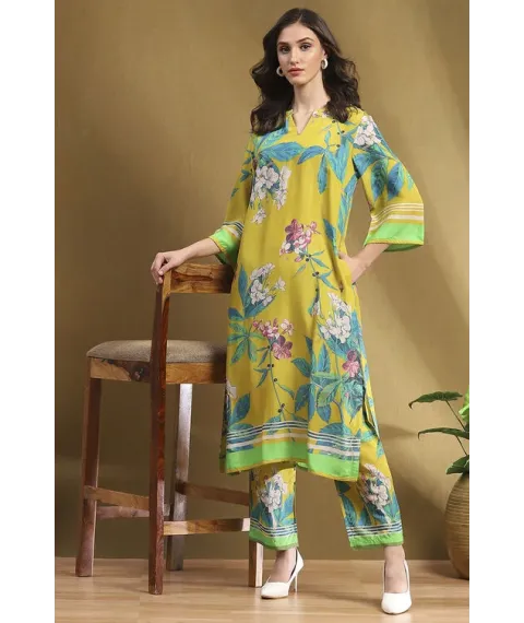 Yellow Floral Printed Shantoon Kurta Pants Set Yellow Floral Printed Shantoon Kurta Pants Set