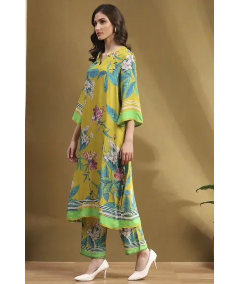 Yellow Floral Printed Shantoon Kurta Pants Set