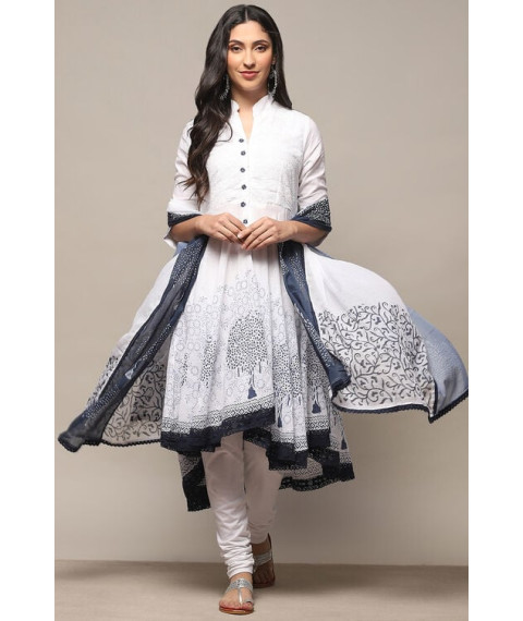 White Blue Cotton Asymmetric Suit Set White Blue Cotton Asymmetric Suit Set