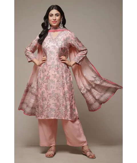 Pink Printed Rayon Kurta & Palazzo Suit Set
