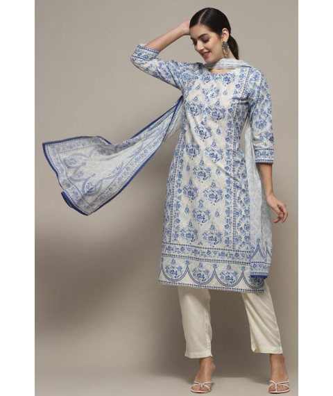Off White Blue Cotton Straight Suit Set Off White Blue Cotton Straight Suit Set
