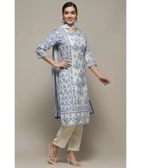 Off White Blue Cotton Straight Suit Set