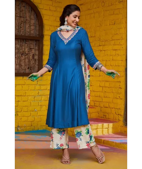 Teal Rayon Straight Suit Set