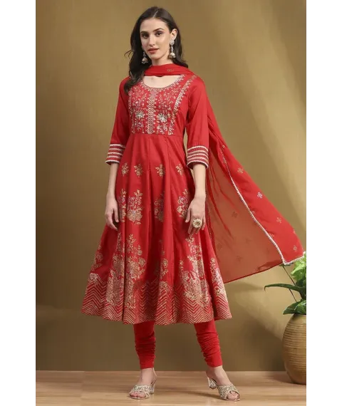 Red Floral Printed Festive Anarkali Suit Set Red Floral Printed Festive Anarkali Suit Set