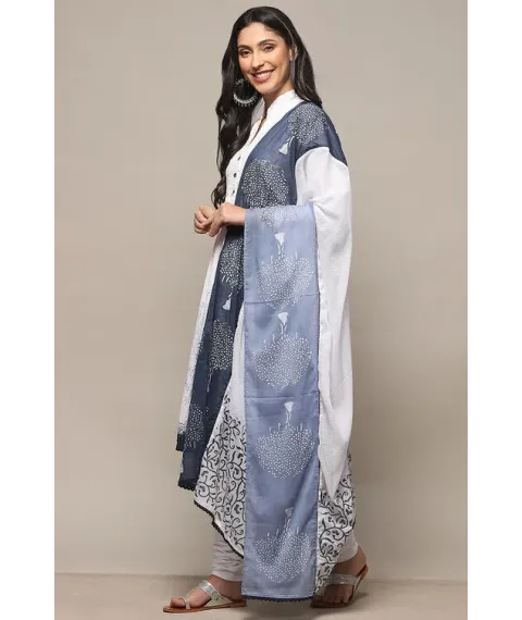 White Blue Cotton Asymmetric Suit Set