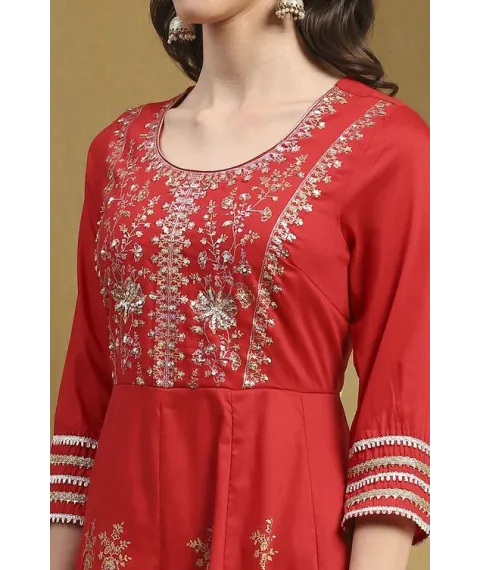 Red Floral Printed Festive Anarkali Suit Set