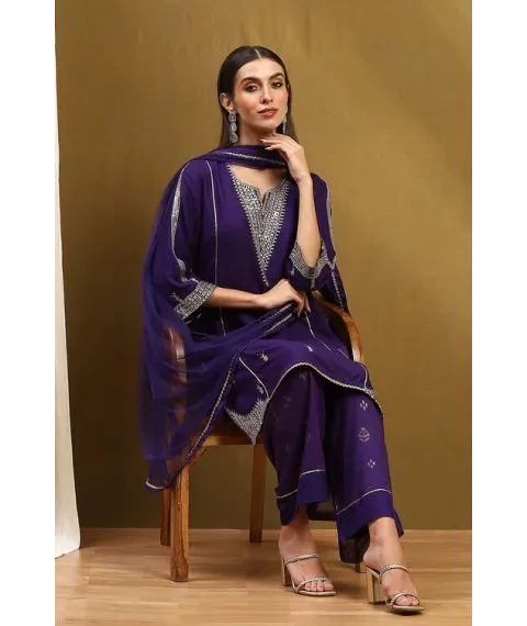 Purple Embroidered Straight Suit Set Purple Embroidered Straight Suit Set