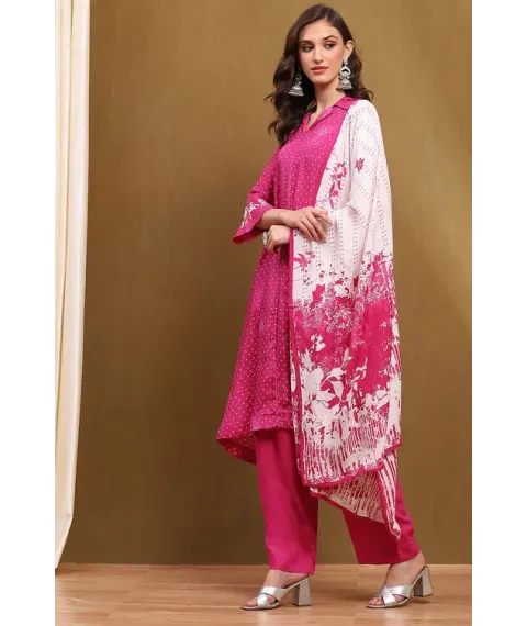 Pink Modal Bandhani Printed A-Line Suit Set
