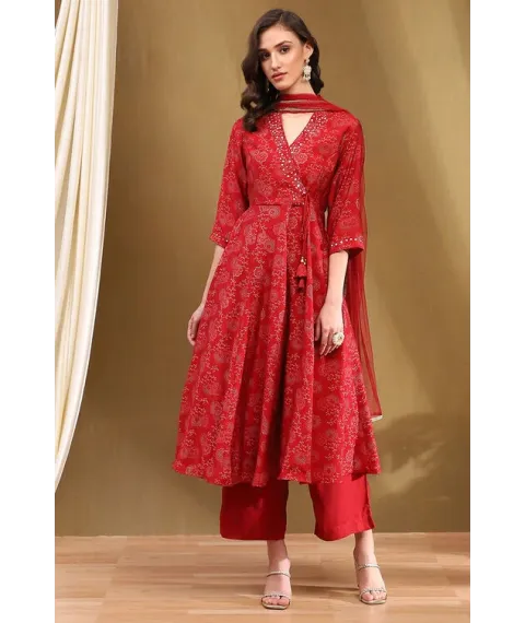 Red Printed Angrakha Style Anarkali Suit Set Red Printed Angrakha Style Anarkali Suit Set