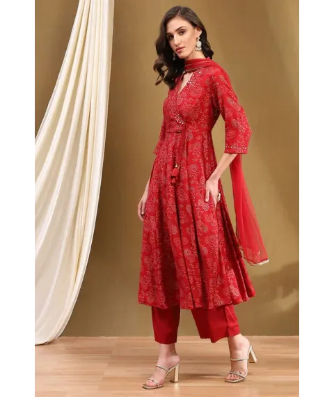 Red Printed Angrakha Style Anarkali Suit Set