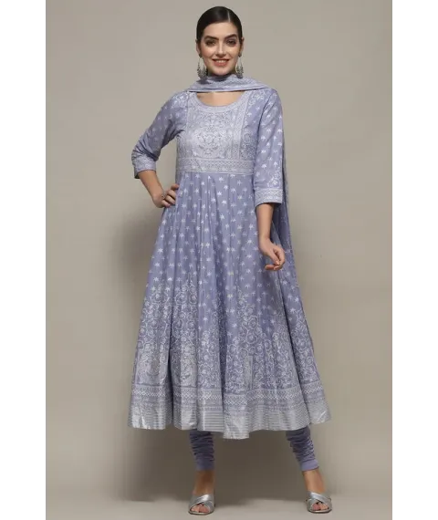 Powder Blue Cotton Anarkali Suit Set Powder Blue Cotton Anarkali Suit Set