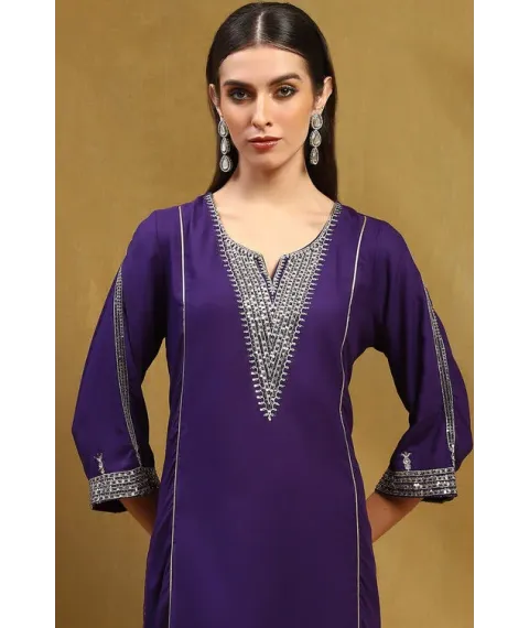 Purple Embroidered Straight Suit Set