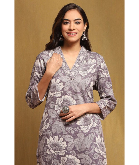 Purple Printed Straight Winter wear Kurta Set